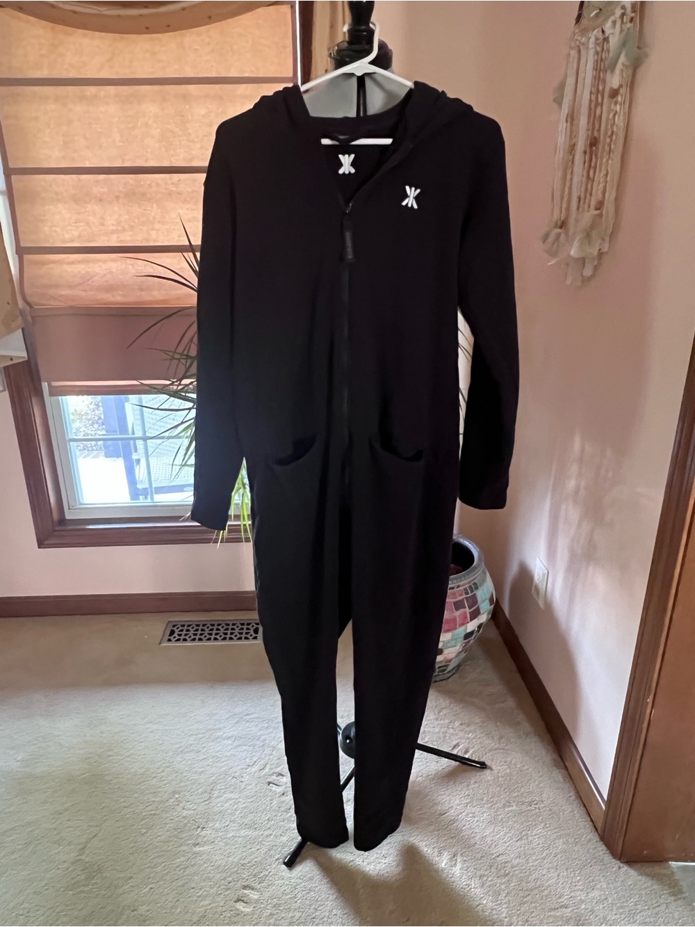 Onepiece Original Adult Black Hooded Jumpsuit/Onsie with Zip Front